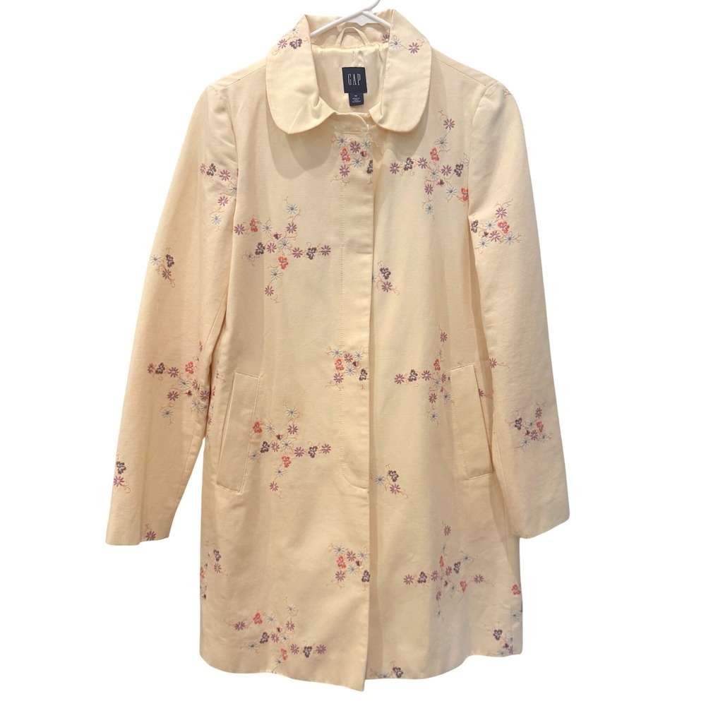 Gap Women Cream Floral Embroidered Cotton Car Coat Peter Pan Collar Size M Fairy